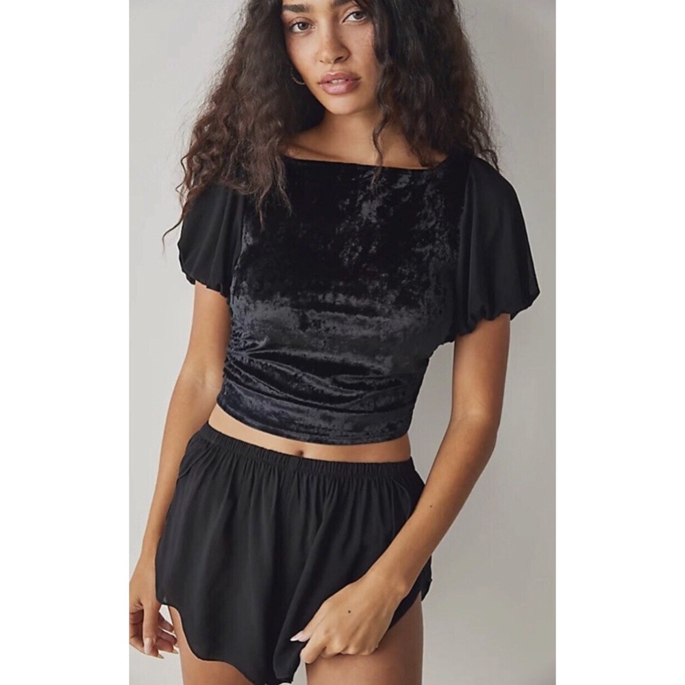 Free People Intimately Top XS Black Velvet Crop Open Back Midnight Mood NEW